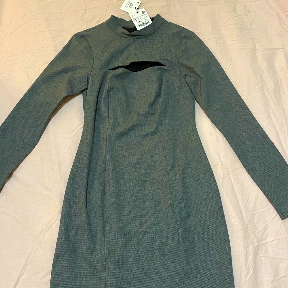 NWT Zara gray plaid cut-out dress